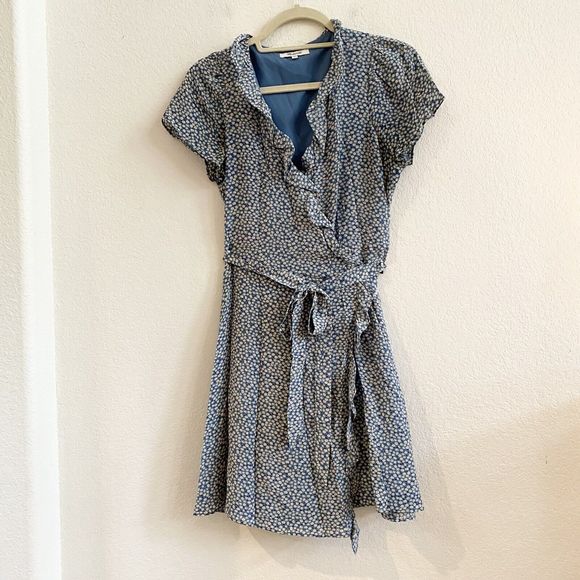 Madewell Womens Ruffle Edge Silk Wrap Dress Size M Bitsy Ditsy Floral Blue Lined - Picture 9 of 14